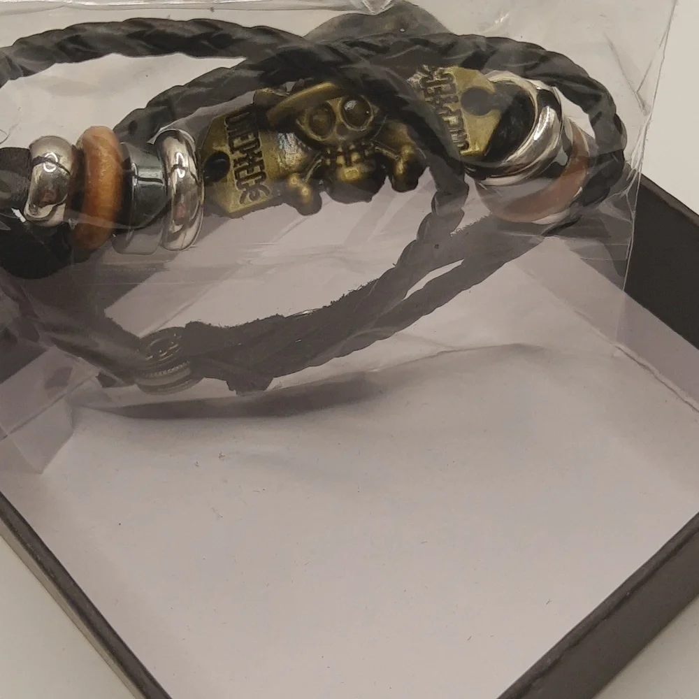 One Piece Anime Monkey D Luffy Straw Pirates Leather Metal Bracelets 3pcs NEW